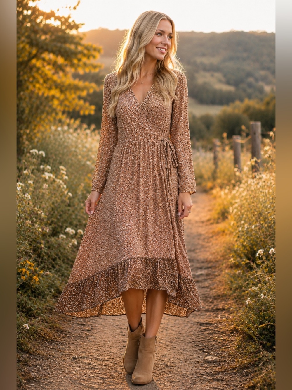 Aura XS Floral  Wrap High Low Midi Dress Long Sleeve Boho Cottagecore Romantic